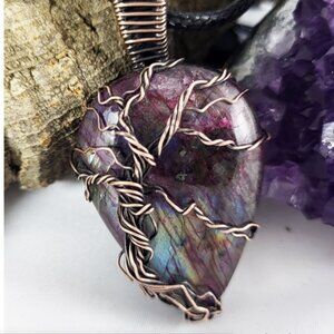 Alchemy Tree of Life Wire Wrapped Labradorite Teardrop Pendant Necklace NWOT